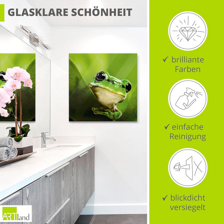 ARTland Glasbilder Wandbild Glas Bild einteilig 50x50 cm Quadratisch Natur Tiere Frosch Gesicht Laub