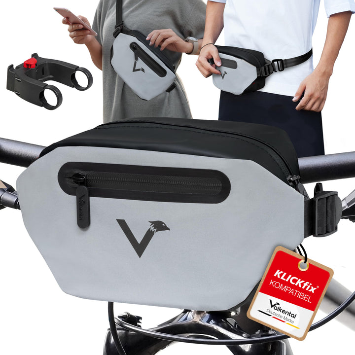 Valkental x KLICKfix 3in1 Lenkertasche 4L, Handyfach, Ebike geeignet | Vollreflektierend für hohe Si