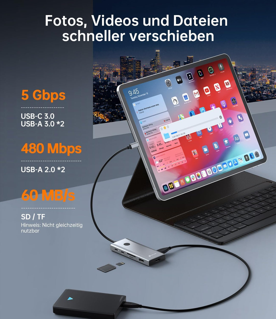 NOVOO 10-in-1 USB C Docking Station Dual Monitor, Typ C Hub mit 2 HDMI 4K@60Hz, 100W PD, 5Gbps USB-C