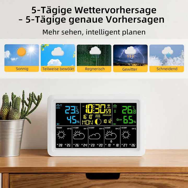 Wetterstation Funk mit 1 Aussensensoren, Farbdisplay - Präzise Wettervorhersage, Innen/Aussen Temper