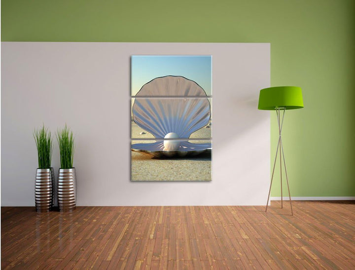 Pixxprint Perlenmuschel am Strand 3-Teiler Leinwandbild 120x80 Bild auf Leinwand