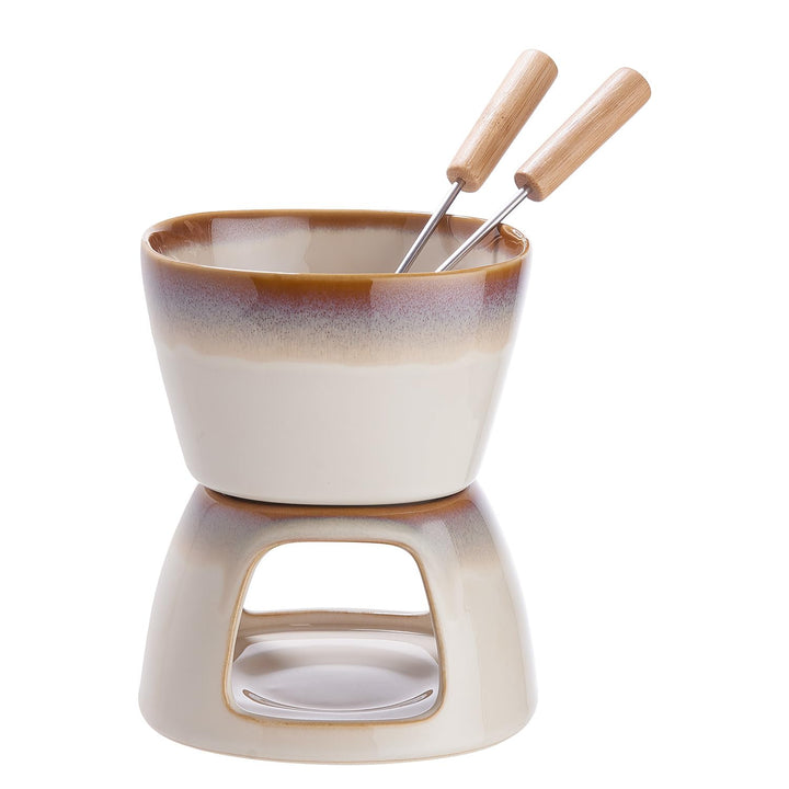 BUTLERS Mini Schokofondue Set für 2 Personen - braun beige Keramik mit reaktiver Glasur, 2 Edelstahl