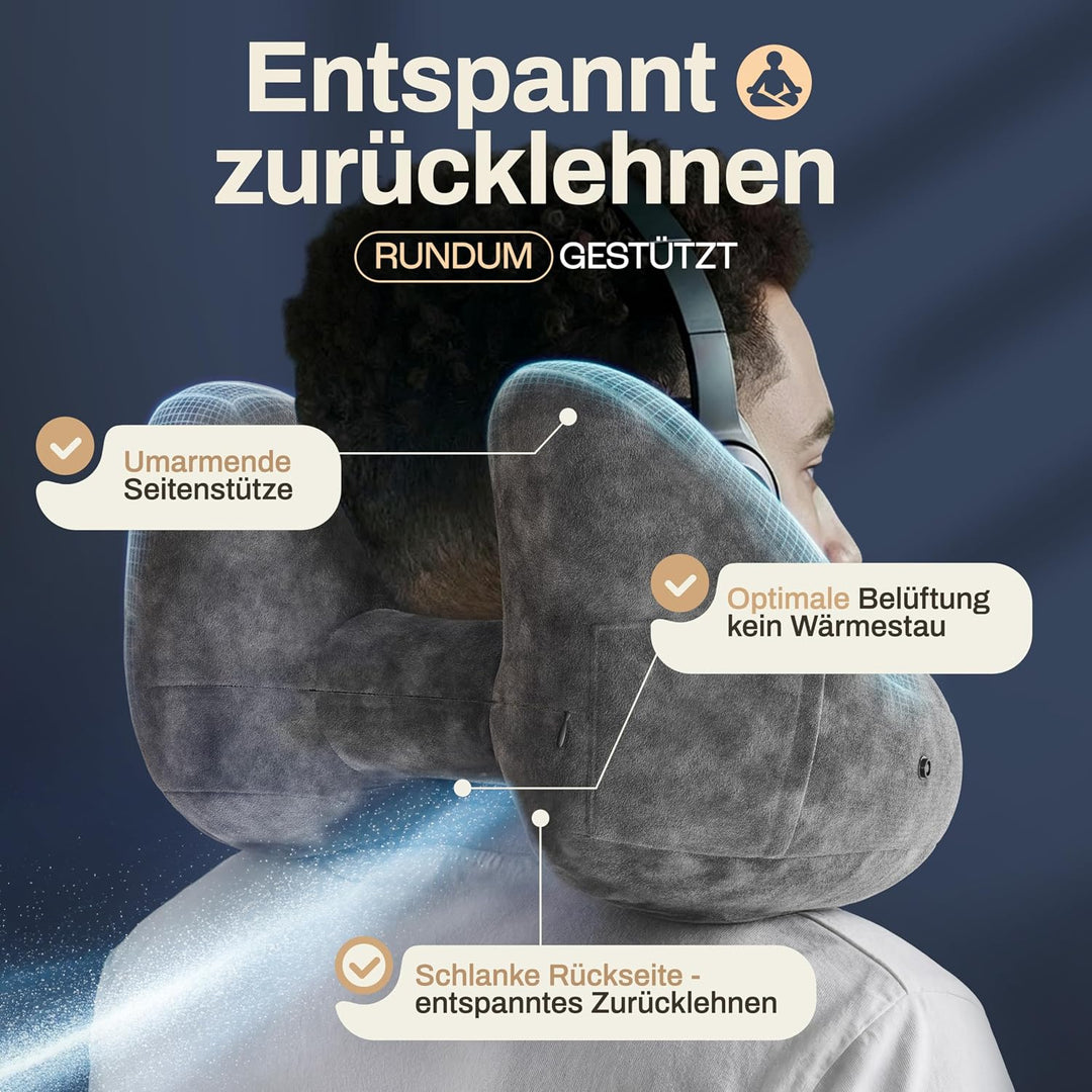 HELDENWERK® Air Nackenkissen Flugzeug Aufblasbar | Reisekissen für 5 Schlafpositionen, schnell aufbl