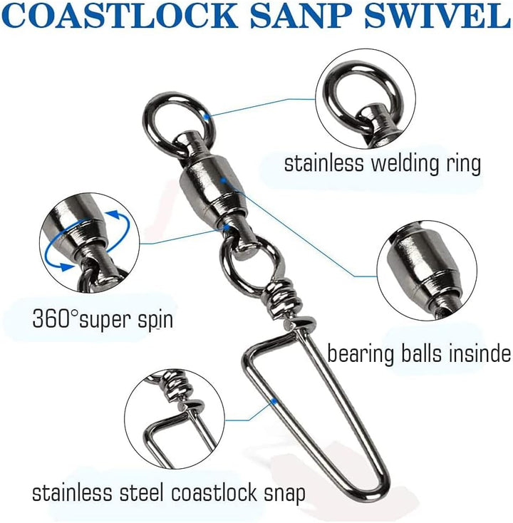 Kugellager Wirbel mit Coastlock Snap, Edelstahl geschweisster Ring für Angeln Salzwasser Standard Sc
