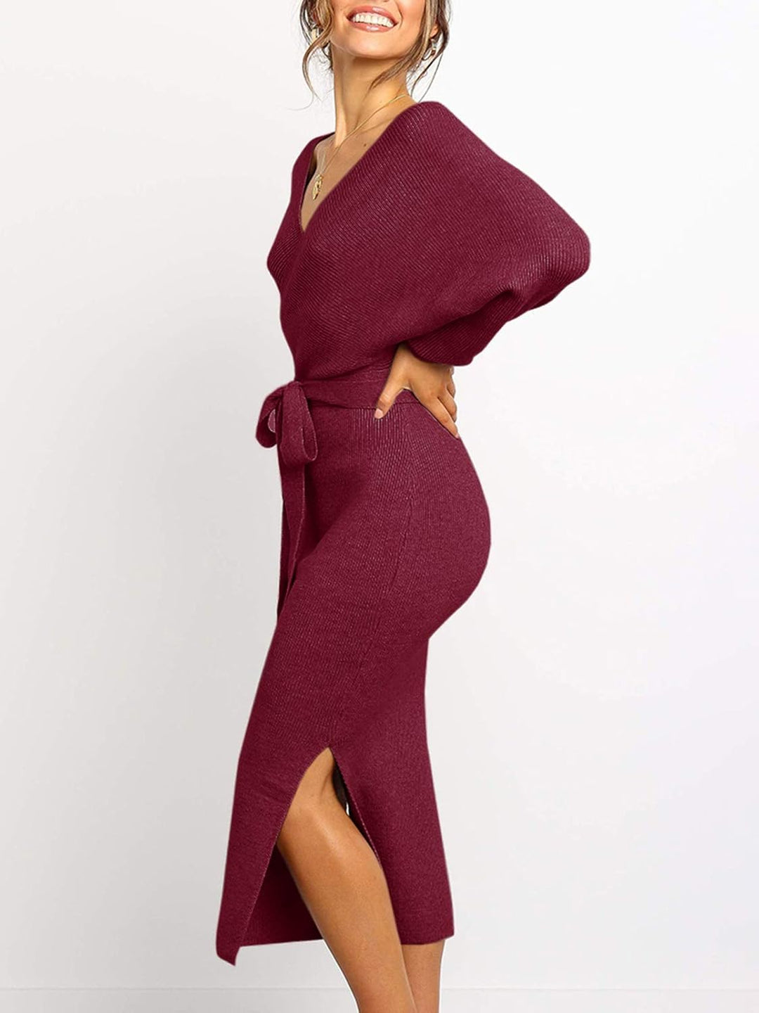 Saodimallsu Damen V-Ausschnitt Pulloverkleid Strickkleid Langarm Pullover Schlitz Offener Rücken Fig