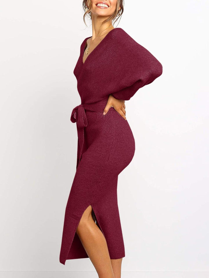 Saodimallsu Damen V-Ausschnitt Pulloverkleid Strickkleid Langarm Pullover Schlitz Offener Rücken Fig