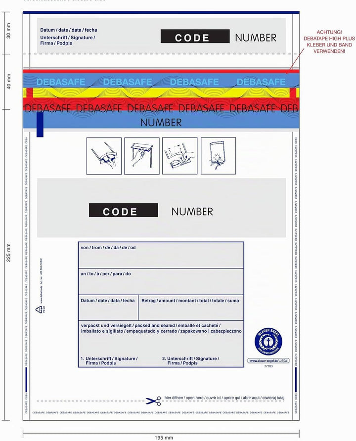 500x Sicherheitstaschen DEBASAFE 195 x 265 + 30 mm (Bon) DEBATAPE high plus - Blickdicht - Recycling