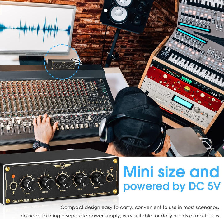 Douk Audio EQ5 Mini Vorverstärker 5-Band EQ Preamp Stereo Analog Equalizer Portable Audio Processor