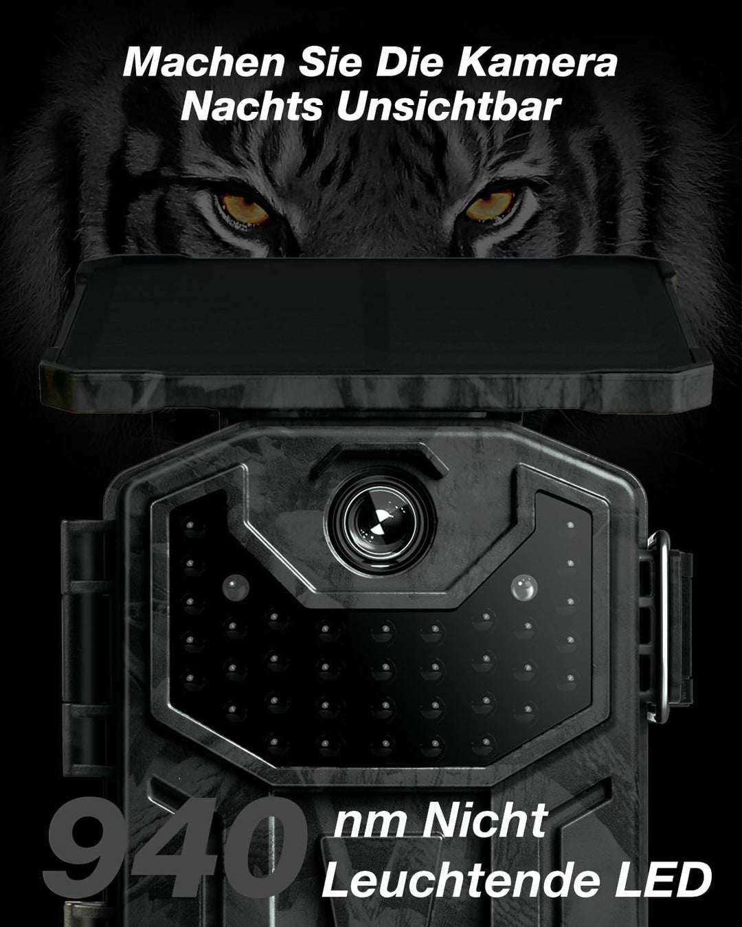 iZEEKER Solar Wildkamera, 2,7K/1520P 30fps 36MP Wildtierkamera mit 940 nm No Glow Infrarot LEDs, Wil