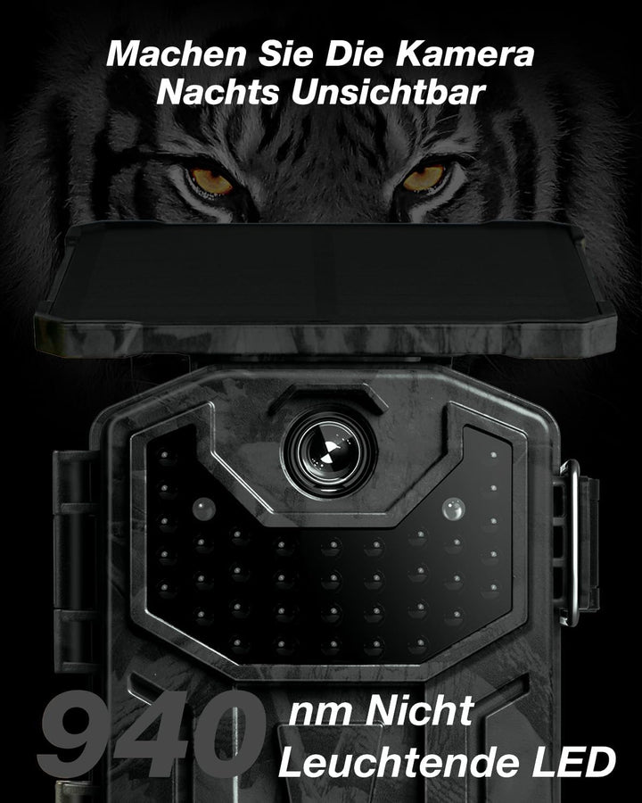 iZEEKER Solar Wildkamera, 2,7K/1520P 30fps 36MP Wildtierkamera mit 940 nm No Glow Infrarot LEDs, Wil