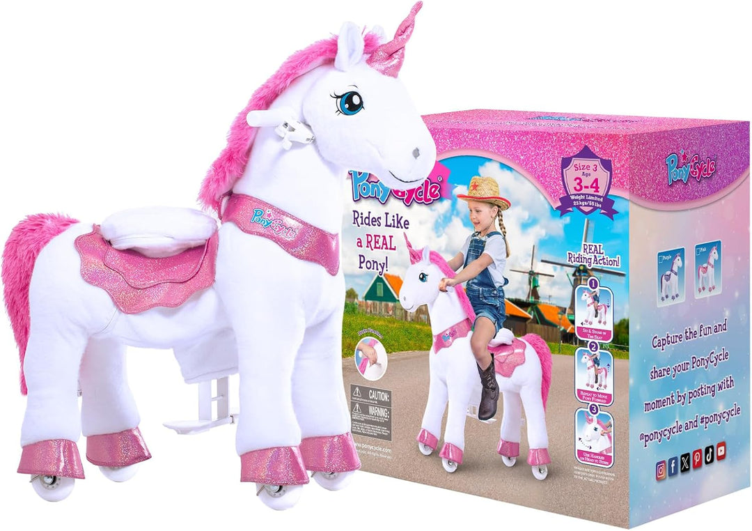 PonyCycle Einhorn auf Rollen, für Kinder 3–4 Jahre, 76cm Hoch, Einhorn zum reiten mit Handbremse, Ei