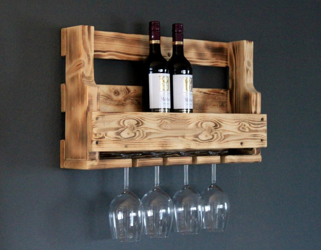 Dekorie Weinregal aus Holz für die Wand - mit Gläserhalter - Geflammt - fertig montiert - Regal für