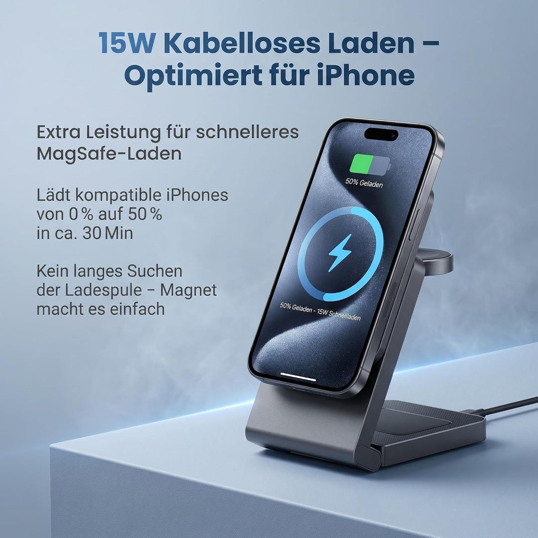 3 in 1 Ladestation für iPhone/Apple Watch/AirPods mit 20W Adapter Metalgrau, Metalgrau
