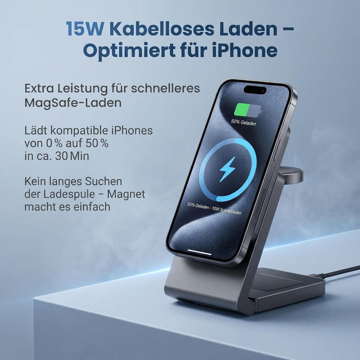 3 in 1 Ladestation für iPhone/Apple Watch/AirPods mit 20W Adapter Metalgrau, Metalgrau