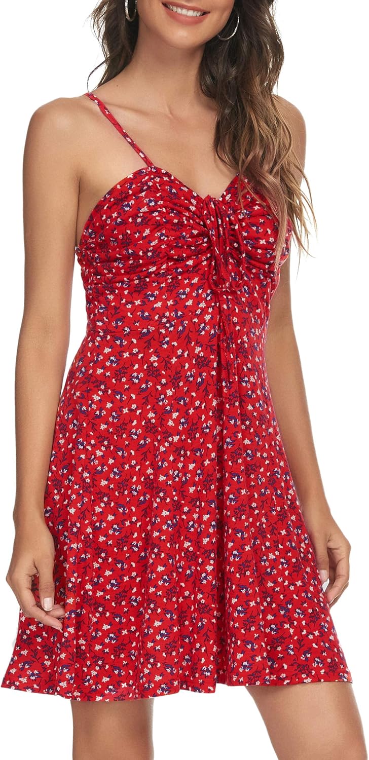 Missufe Damen Sommerkleid Swing Blumenkleid Freizeitkleid Spaghettiträger Cami Kleider XS Rot, XS Ro