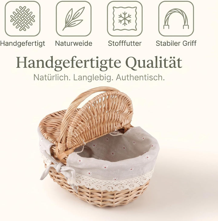 Picknickkorb mit Deckel, Kleiner Weidenkorb mit henkel und Liner | 25 x 18 x 13 cm, Einkaufskorb Gef