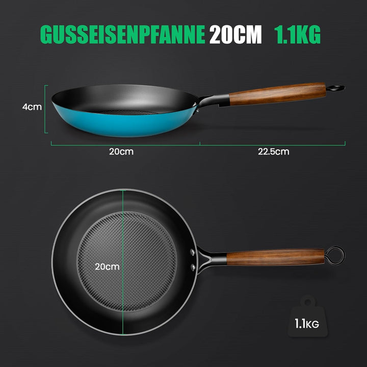 YUTANN Pfanne Gusseisen 20 cm, Bratpfanne Aus Massivem Gusseisen, Gleichmässige Wärmeverteilung, Abn
