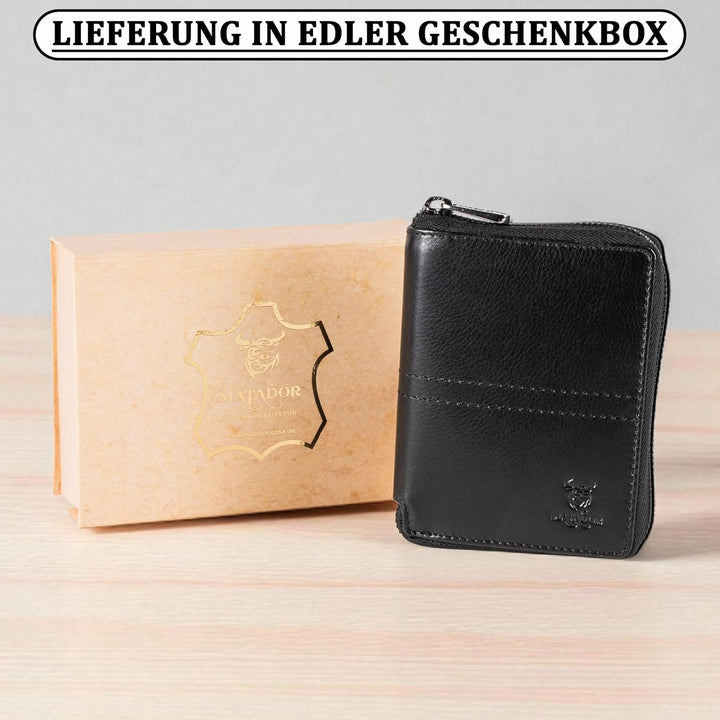 MATADOR® Leder Geldbörse Herren mit Reissverschluss Black Geldtasche TüV geprüfter RFID & NFC Schutz