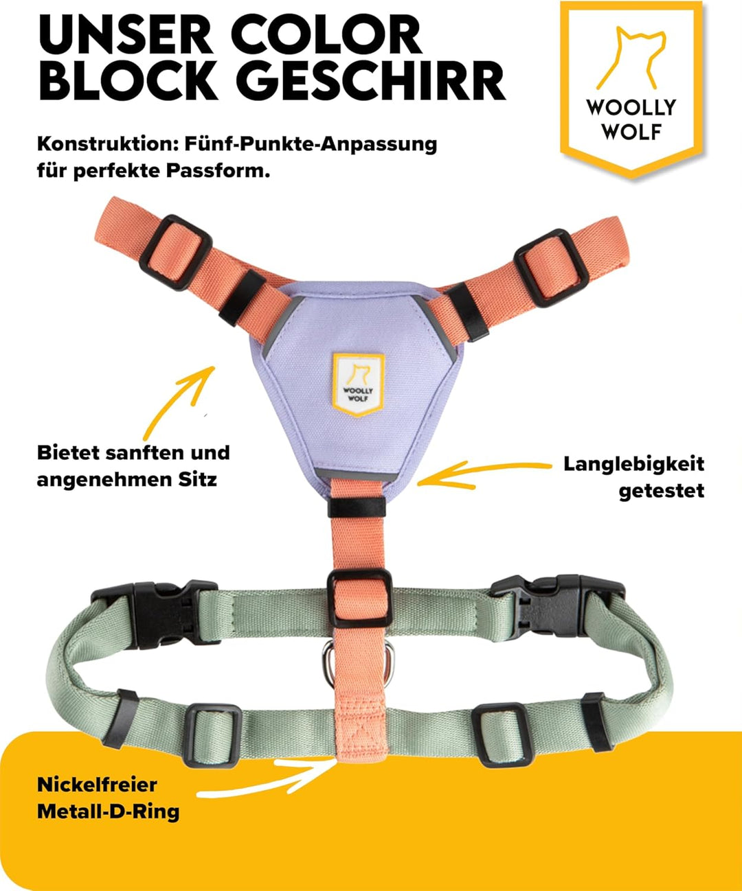 Woolly Wolf Color Block Hundegeschirr für kleine Hunde S – Geschirr mit Reflektoren &amp; 5-Punkt-Anpass