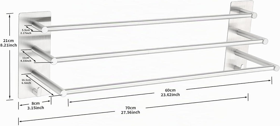 ALOCEO Handtuchhalter 3-armig Selbstklebend 60 cm, SUS304 Edelstahl Wandmontage für Bad &amp; Küche, Ohn
