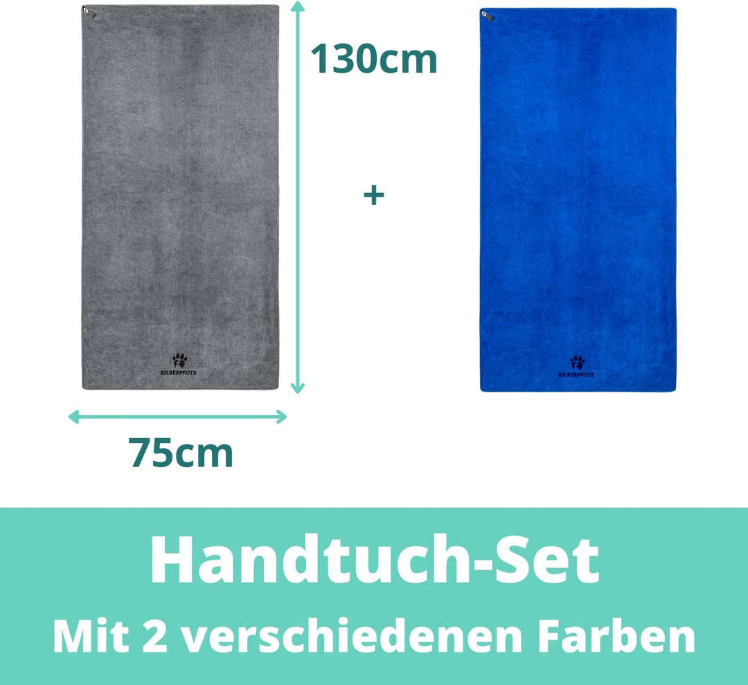 Silberpfote® Hundehandtuch Set - 2er Pack – Weich, Waschbar und Saugfähig - 130x75cm, Blau & Grau -