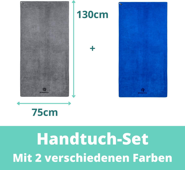 Silberpfote® Hundehandtuch Set - 2er Pack – Weich, Waschbar und Saugfähig - 130x75cm, Blau & Grau -