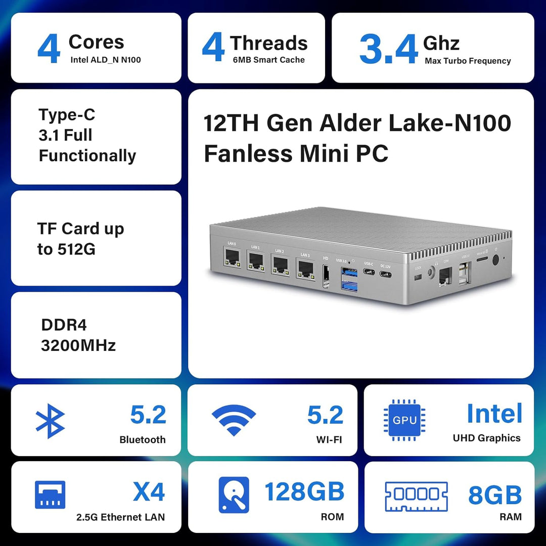 Micro Firewall N100 12TH Gen Fanless Mini PC(3.4 GHz) 8GB RAM 128GB eMMC, Type-C USB3.2, 4 x 2.5Gbe