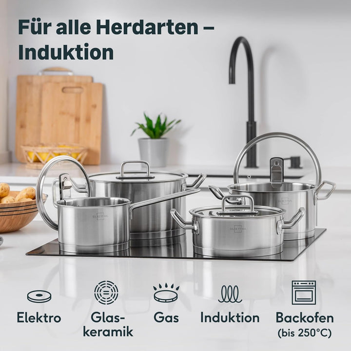 SILBERTHAL Pfannen- und Topfset 9 teilig - Unbeschichtet - Edelstahl - Kochtopf 2,5l,3,5l, 5l und Pf