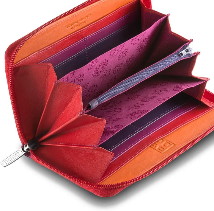 DUDU Grosse Bunte Damenbrieftasche RFID in echtem Leder mit Rundum - Reissverschluss Fuchsia, Fuchsi