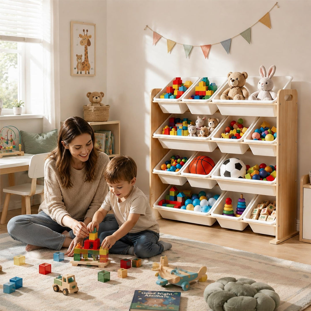 Kinderregal mit 12 Boxen,Spielzeug Organizer Naturholzfarbe | Praktische Spielzeugaufbewahrung mit m