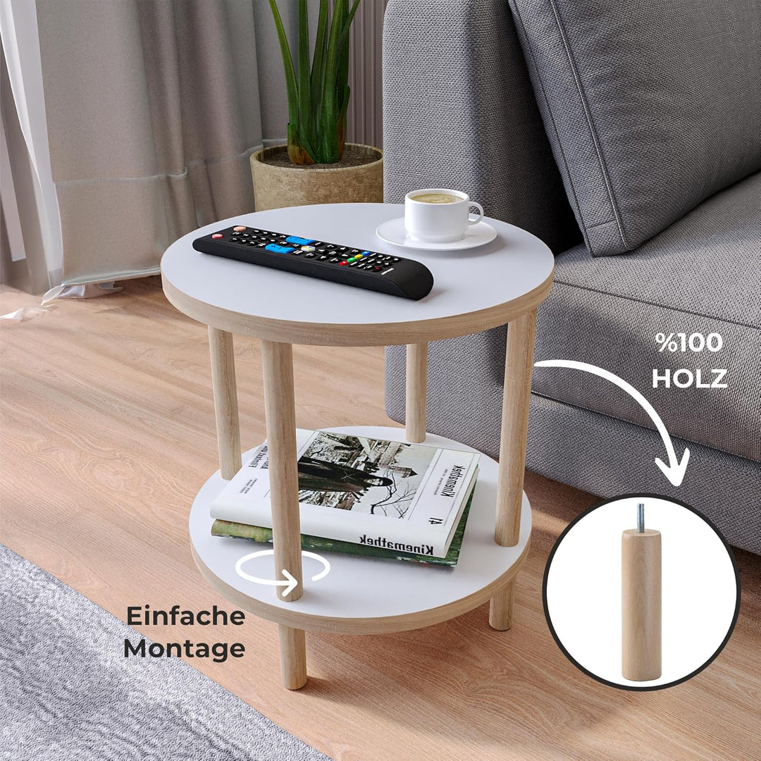 Beistelltisch rund Holz, Ø 42,5 cm, Kleiner Couchtisch rund aus Holz, 2 Ablagen mehr Stauraum, Ideal