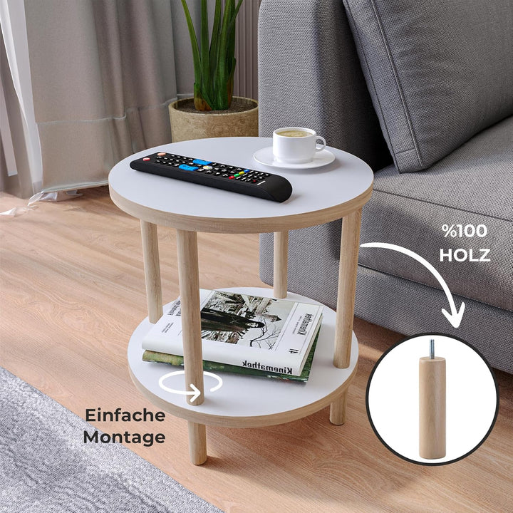 Beistelltisch rund Holz, Ø 42,5 cm, Kleiner Couchtisch rund aus Holz, 2 Ablagen mehr Stauraum, Ideal