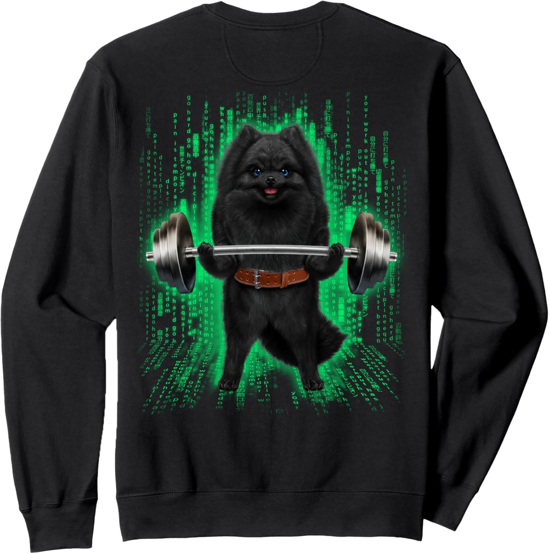 Pommerscher Hund, der Gewichte im Cyber-Fitnessstudio hebt Sweatshirt