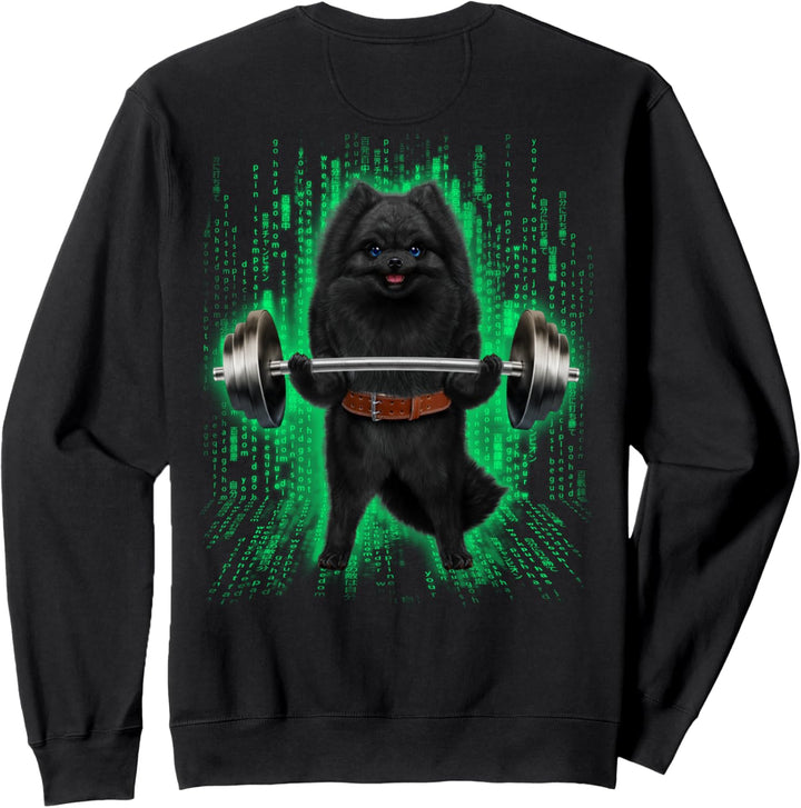 Pommerscher Hund, der Gewichte im Cyber-Fitnessstudio hebt Sweatshirt
