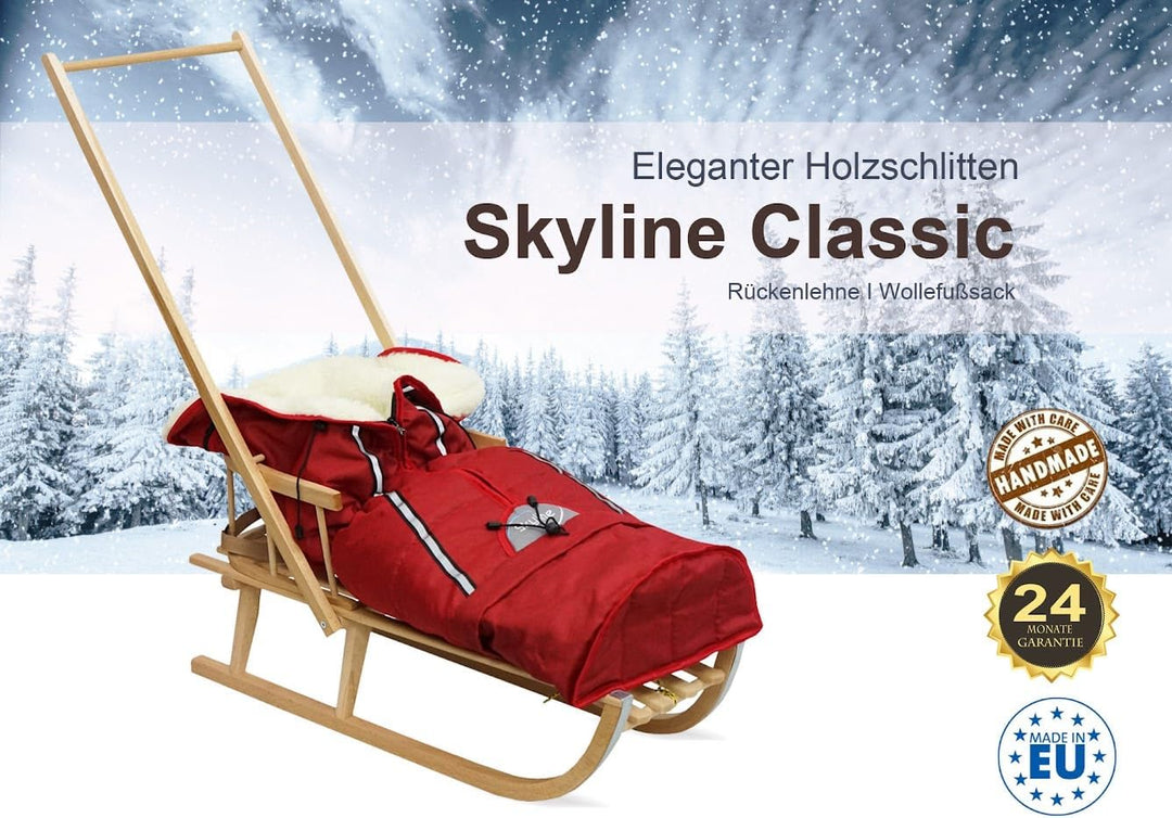 Holzschlitten für Kinder mit Rückenlehne Rodelschlitten Davoser Schlitten aus Holz mit einem Sicherh