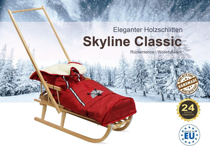 Holzschlitten für Kinder mit Rückenlehne Rodelschlitten Davoser Schlitten aus Holz mit einem Sicherh