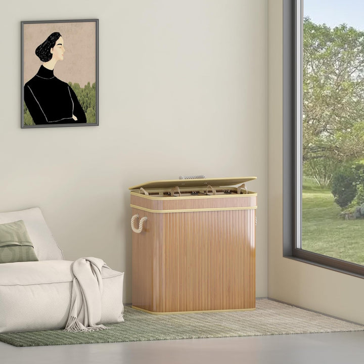 AdelDream Wäschekorb 150L Bambusoptik mit Deckel & Griffen, 3-Fach Wäschesammler Faltbar, Wäschebox