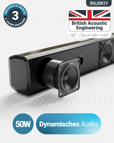 MAJORITY Bowfell | Bluetooth Soundbar für TV Geräte | 50W 2.0 Stereo Lautsprecher für Fernseher oder