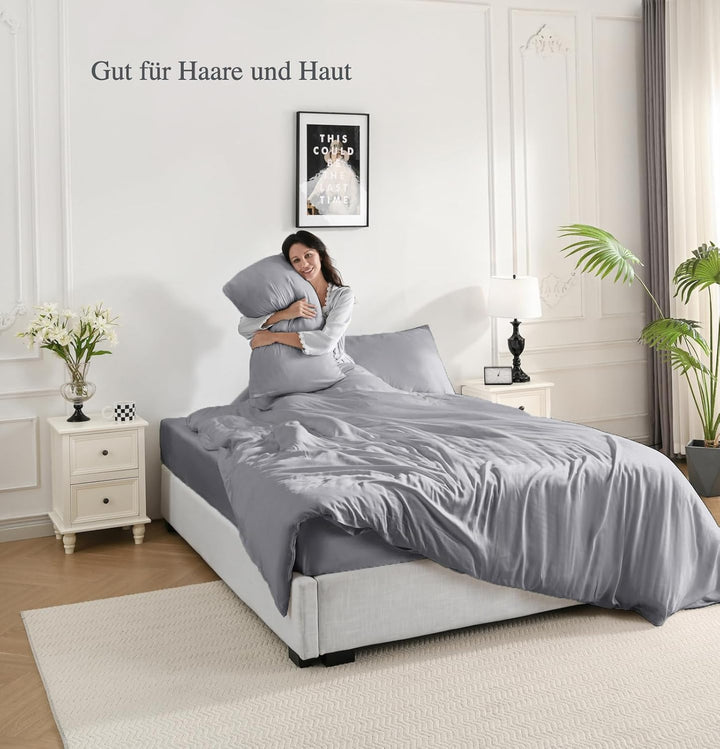 Bettwäsche 200x200, 3 Teilig, Grau, Bambus - Vegane Seide, Luxus Bettbezug und Kissenbezüge Set, Küh