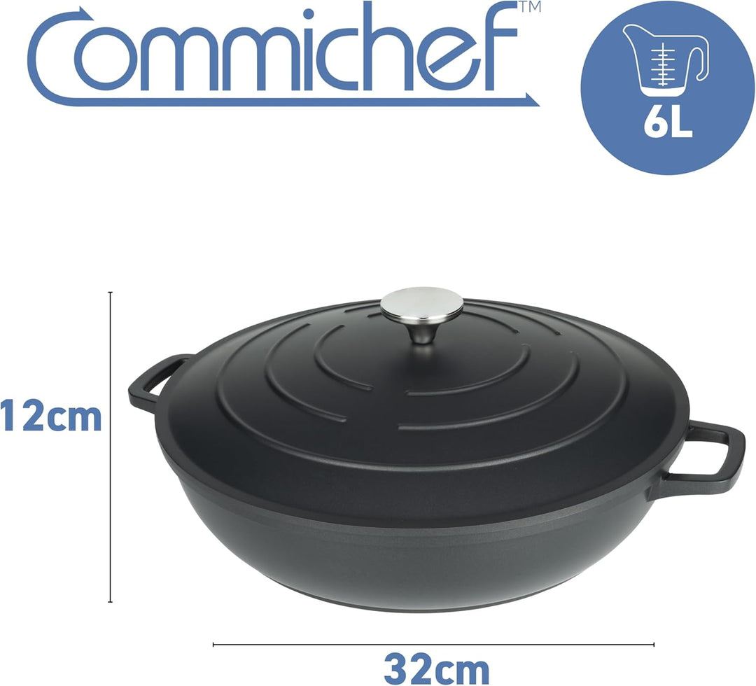 Commichef Flache Kasserolle, Auflaufform, Schwarz, Aluminiumguss, Mit Deckel, 32cm Durchmesser, 6 Li