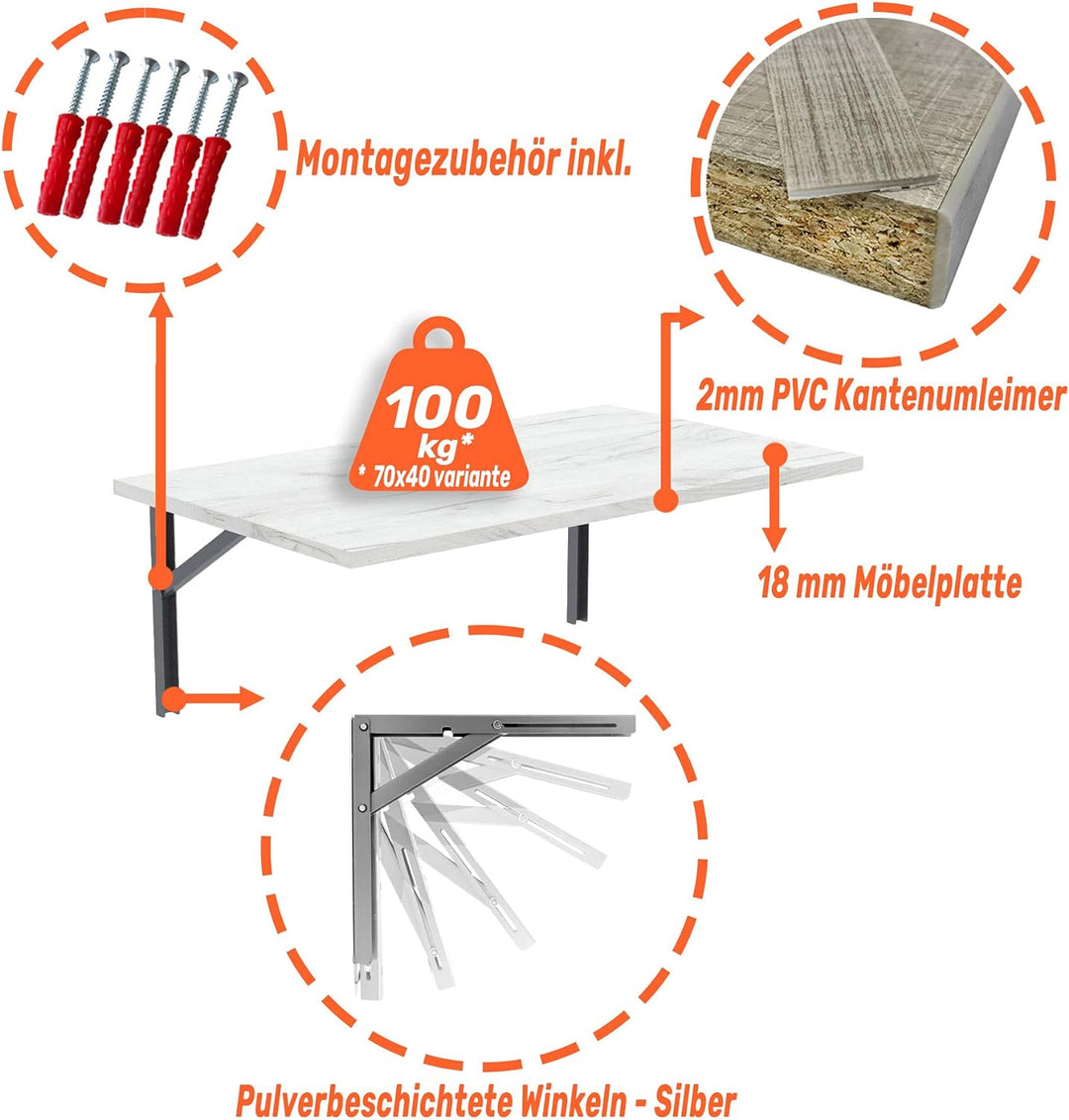 mikon 90x50 | Wandklapptisch Klapptisch Wandtisch Küchentisch Schreibtisch Kindertisch | Weiss Craft