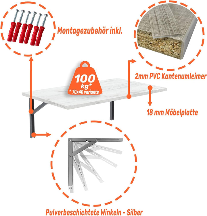 mikon 90x50 | Wandklapptisch Klapptisch Wandtisch Küchentisch Schreibtisch Kindertisch | Weiss Craft