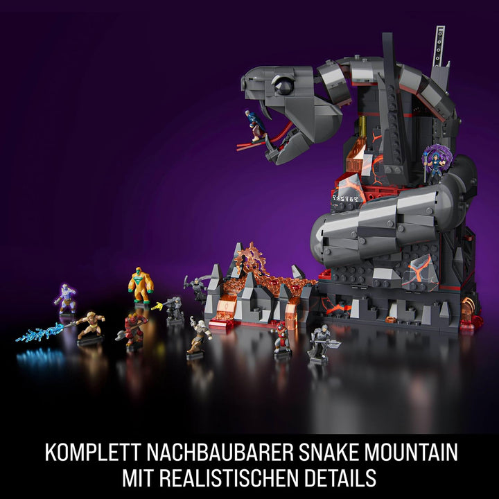 Mattel Brick Shop Masters of the Universe Bauset, Clash at Snake Mountain mit 636 Teilen und 12 Figu