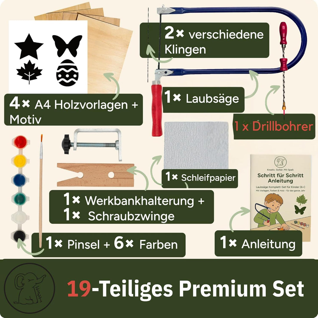 Eli® Laubsäge für Kinder inkl. Handbohrer- Komplett Set für Laubsägen inkl kreative Vorlagen - Laubs