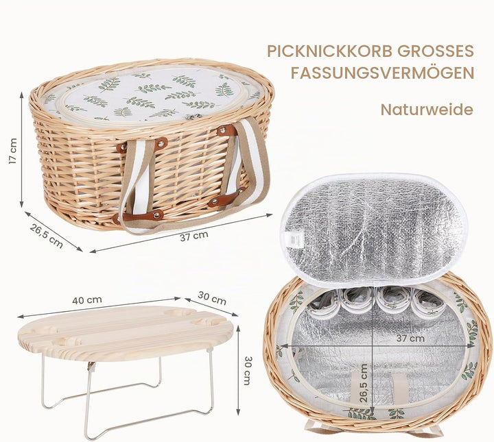 Picknickkorb-Set für 4 Personen – Isolierter Weidenkorb mit klappbarem Weintisch, Picknickset mit In