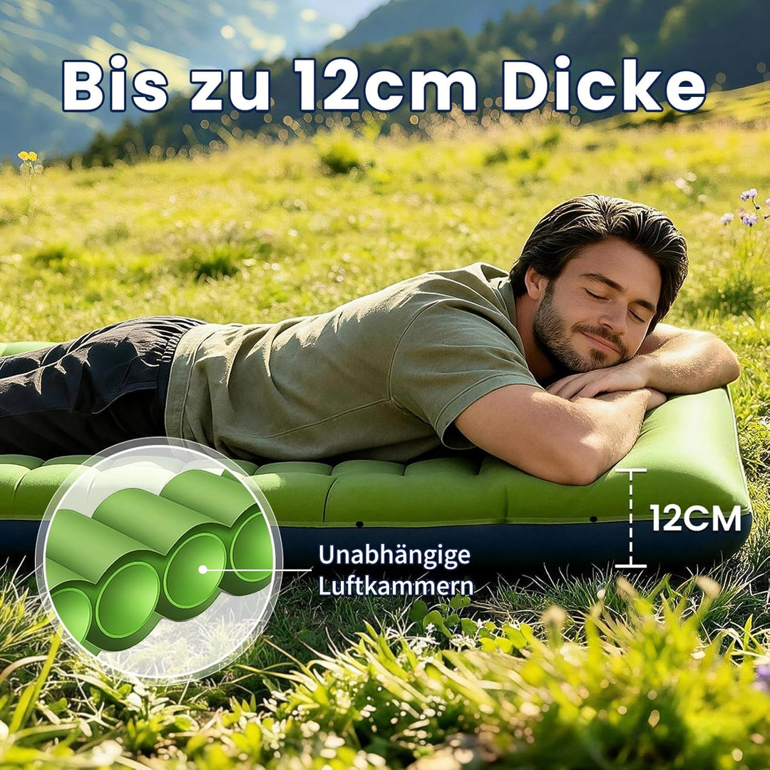 Isomatte Camping, 12 cm Hoch Aufblasbare Luftmatratze mit Integrierten Kopfkissen, Ultraleicht Campi