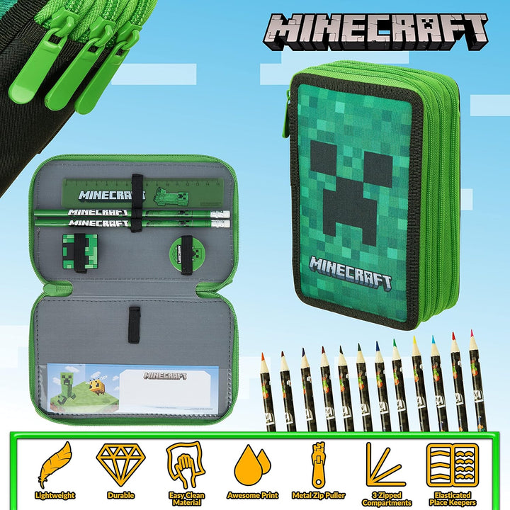 Minecraft Federmäppchen Jungen und Mädchen Mäppchen Gefüllt Creeper Federmappe mit Schreibwaren Game