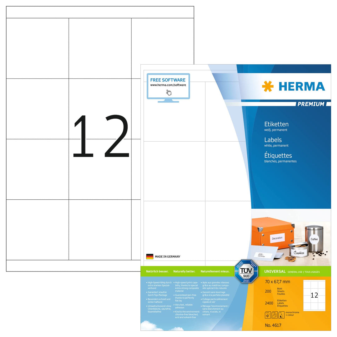 HERMA 4617 Universal Etiketten, 200 Blatt, 70 x 67,7 mm, 12 Stück pro A4 Bogen, 2400 Aufkleber, selb