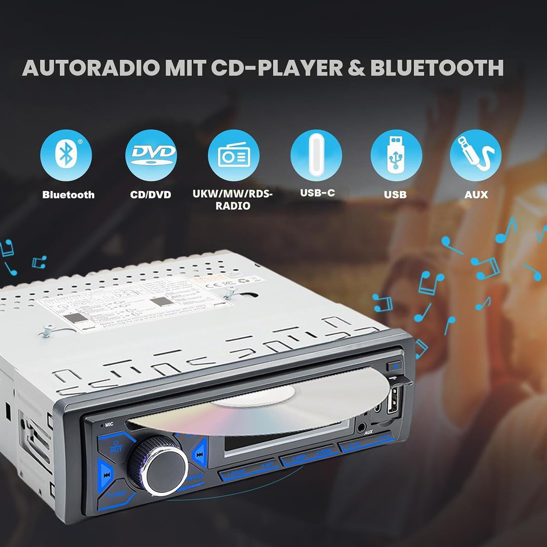 1DIN Autoradio Bluetooth mit CD/DVD Player Typ-C USB AM/FM/RDS Radio 2", 2"