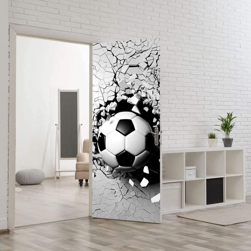 wandmotiv24 Türtapete Fussball durch Wand, 3D, Sport, Ball 80 x 200cm (B x H) - Dekorfolie selbstkle